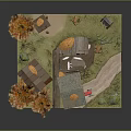 Cartoon Autumn Scene with Orange Leaf Trees Small Wooden Cabin Red Tractor and Winding Path