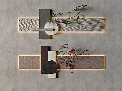 Geometric Wall Decor with Green Plants Red Branches Wooden Texture and Lighting on Gray Wall 3d model