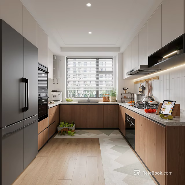 Modern Kitchen Interior Design With Cabinets Refrigerator Oven Countertop Window And Fresh Fruits 3d model 