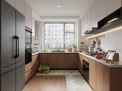 Modern Kitchen Interior Design With Cabinets Refrigerator Oven Countertop Window And Fresh Fruits 3d model