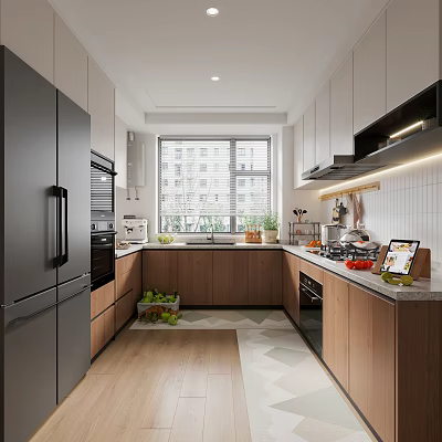 Modern Kitchen Interior Design With Cabinets Refrigerator Oven Countertop Window And Fresh Fruits 3d model