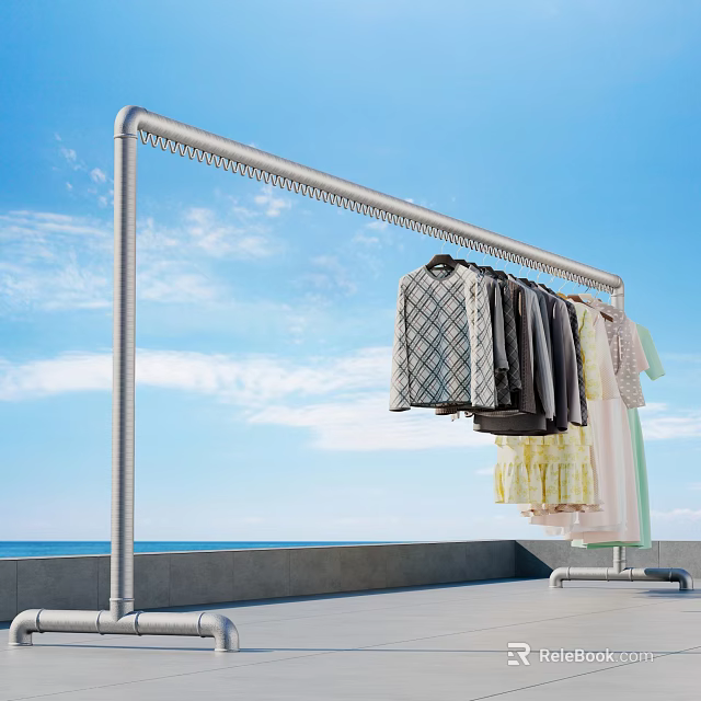 Outdoor Metal Clothes Rack With Hanging Clothes On Balcony Under Blue Sky 3d model 