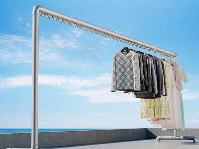 Outdoor Metal Clothes Rack With Hanging Clothes On Balcony Under Blue Sky 3d model