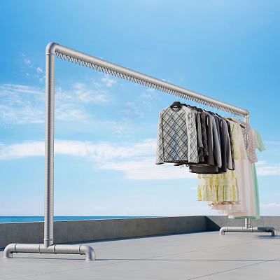 Outdoor Metal Clothes Rack With Hanging Clothes On Balcony Under Blue Sky 3d model
