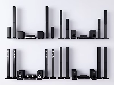 Home Theater Speaker Systems With Various Sizes And Audio Equipment 3d model