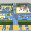 Outdoor Kids Playground With Tiger Shaped Climbing Slide Blue Play Surface And Green Trees