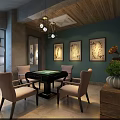 Clubhouse Mahjong Room With Turquoise Walls Wooden Ceiling Framed Paintings And Geometric Chandeliers