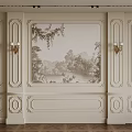 Classic Ivory Bedroom Accent Wall With Carved Details Landscape Painting And Wall Sconces