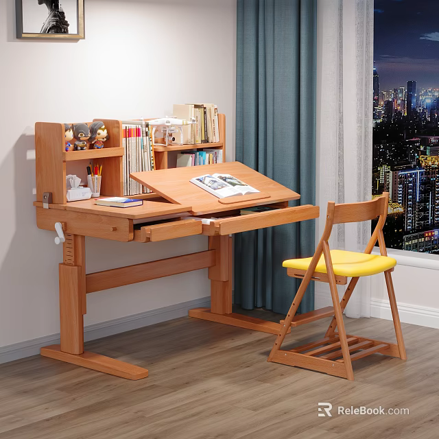 Wooden Adjustable Desk With Tilt Top Yellow Cushioned Chair Blue Curtain City Night View 3d model 