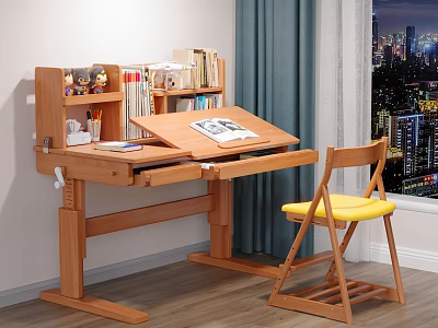 Wooden Adjustable Desk With Tilt Top Yellow Cushioned Chair Blue Curtain City Night View 3d model