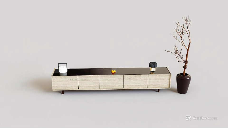 Modern TV Stand with Wooden and Black Finish Decorative Items and Branch Decor 3d model 