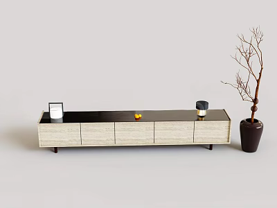 Modern TV Stand with Wooden and Black Finish Decorative Items and Branch Decor 3d model