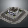 Two Story Building With Windows On Square Platform Surrounded By Circular Road And Trees