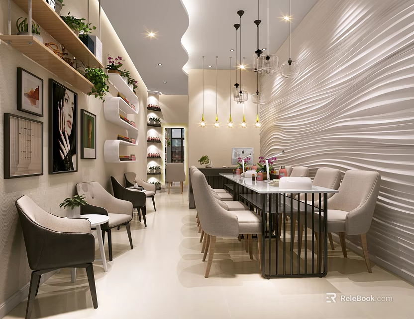 Modern Beauty Salon Interior Design With Comfortable Seats Decorative Paintings Green Plants And Wavy Walls 3d model 