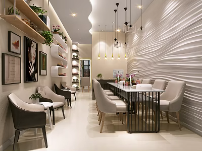 Modern Beauty Salon Interior Design With Comfortable Seats Decorative Paintings Green Plants And Wavy Walls 3d model