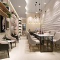 Modern Beauty Salon Interior Design With Comfortable Seats Decorative Paintings Green Plants And Wavy Walls