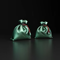 Two Green Silk Pouches With Red Strings On Black Background With Reflections 3d model