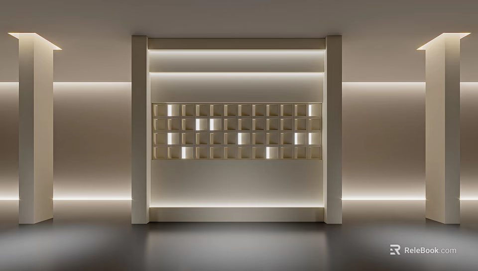 Modern Minimalist Foyer Hallway With Recessed Lighting And Grid Wall 3d model 