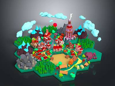 Cartoon 3D Village Scene With Red Roofed Buildings Tower Mountains And Green Trees 3d model