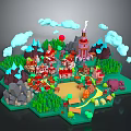 Cartoon 3D Village Scene With Red Roofed Buildings Tower Mountains And Green Trees