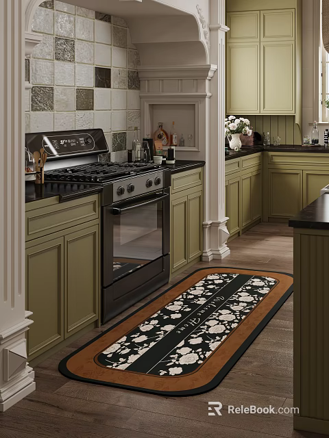 Green Kitchen Interior With Black Countertops Gas Stove Cabinets And Floral Rug 3d model 