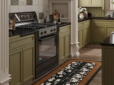 Green Kitchen Interior With Black Countertops Gas Stove Cabinets And Floral Rug 3d model