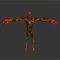 Red Flame Covered Muscular Character With Green Eye And Open Arms