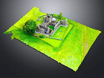Detailed Castle Ruins Model Layout With Lush Green Grass And Large Tree 3d model