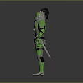 Fantasy Character In Green Decorative Armor With Creature Themed Helmet And Upright Stance