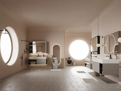Modern Beige Bathroom Interior Set With Round Windows Double Vanities Mirrors And Gray Tiled Floor 3d model