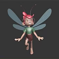 3D Cartoon Character With Pink Hair Glasses Green Top Brown Shorts And Blue Dragonfly Wings