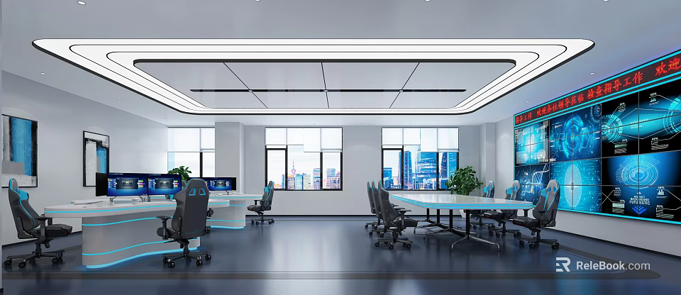 Modern Control Room Interior With Multiple Monitor Screens Console Desk Office Chairs And Window View 3d model 