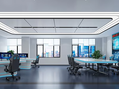 Modern Control Room Interior With Multiple Monitor Screens Console Desk Office Chairs And Window View 3d model