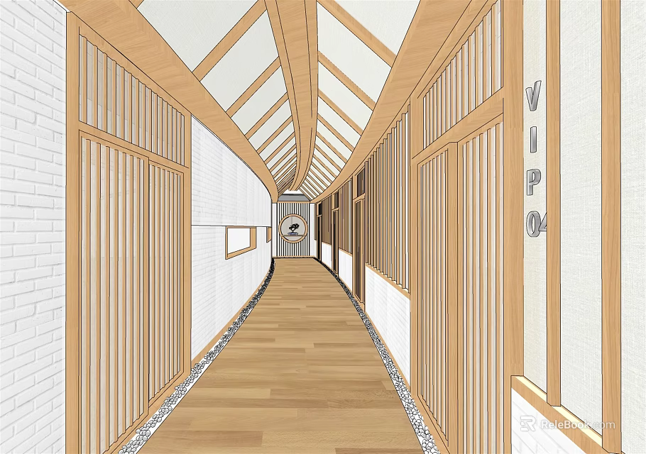 Elevator Hallway with Wooden Lattice Ceiling White Walls and Warm Wood Flooring 3d model 