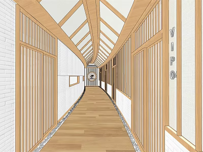 Elevator Hallway with Wooden Lattice Ceiling White Walls and Warm Wood Flooring 3d model