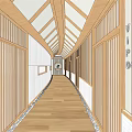 Elevator Hallway with Wooden Lattice Ceiling White Walls and Warm Wood Flooring