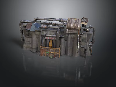 Industrial Mechanical Structure With Metal Pipes Wooden Crate And Stone Walls 3d model