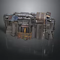 Industrial Mechanical Structure With Metal Pipes Wooden Crate And Stone Walls