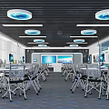Modern Smart Conference Room With Computers Tables Large Screen And City View Ceiling Lights