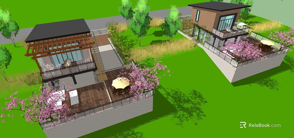 Modern Single Family House With Green Lawn Trees Pink Flowers Outdoor Patio And Wooden Deck 3d model 