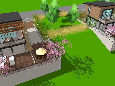 Modern Single Family House With Green Lawn Trees Pink Flowers Outdoor Patio And Wooden Deck 3d model