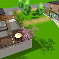 Modern Single Family House With Green Lawn Trees Pink Flowers Outdoor Patio And Wooden Deck