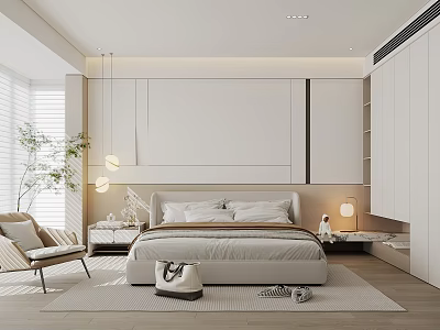 Modern Minimalist Bedroom Interior With White Walls Wardrobes Bedhead Hanging Lights Chair Plant And Rug 3d model