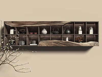 Traditional Chinese Curio Shelf in Dark Wood with Teapots Small Ornaments and Plum Blossom Twigs 3d model