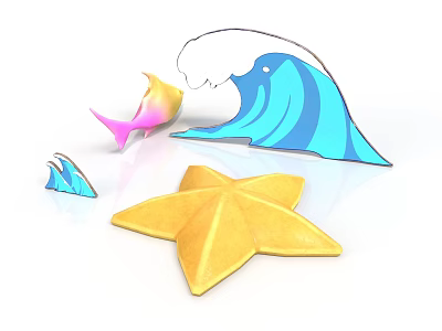 Colorful Ocean Themed Decor Elements With Blue Wave Yellow Starfish And Fish 3d model
