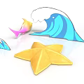 Colorful Ocean Themed Decor Elements With Blue Wave Yellow Starfish And Fish