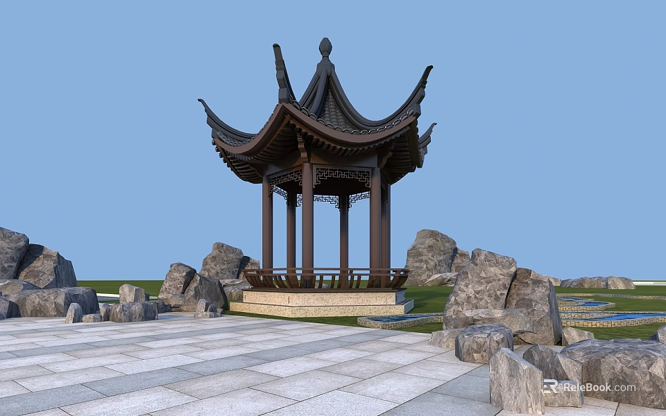 Traditional Chinese Style Pavilion With Stone Decor And Paved Ground Under Blue Sky 3d model 