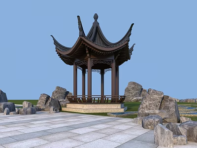 Traditional Chinese Style Pavilion With Stone Decor And Paved Ground Under Blue Sky 3d model