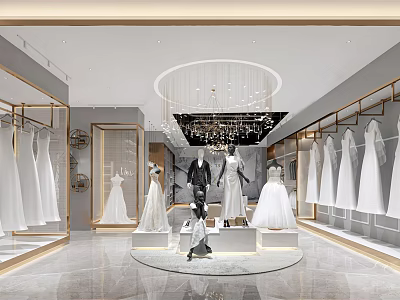 Elegant Bridal Shop Interior With Hanging Wedding Dresses And Mannequin Displays 3d model