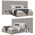 Modern Double Bed With Vertical Tufted Upholstered Headboard White Sheets Gray Throw And Pillows